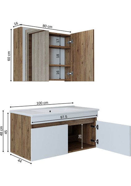 '' Lavabolu '' Atlantik-Beyaz Mat Mdf 100 cm Banyo Alt Dolap + Aynalı Üst Dolap fiyatları