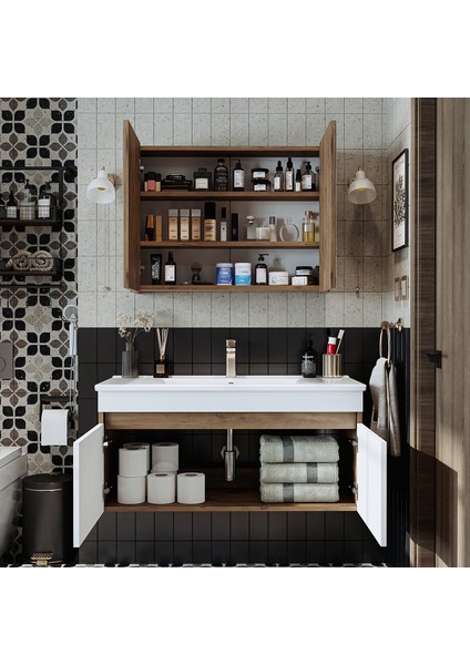 '' Lavabolu '' Atlantik-Beyaz Mat Mdf 100 cm Banyo Alt Dolap + Aynalı Üst Dolap modelleri