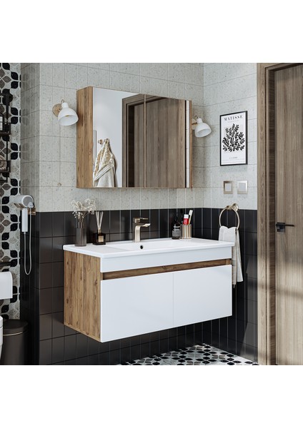 '' Lavabolu '' Atlantik-Beyaz Mat Mdf 100 cm Banyo Alt Dolap + Aynalı Üst Dolap fırsatları