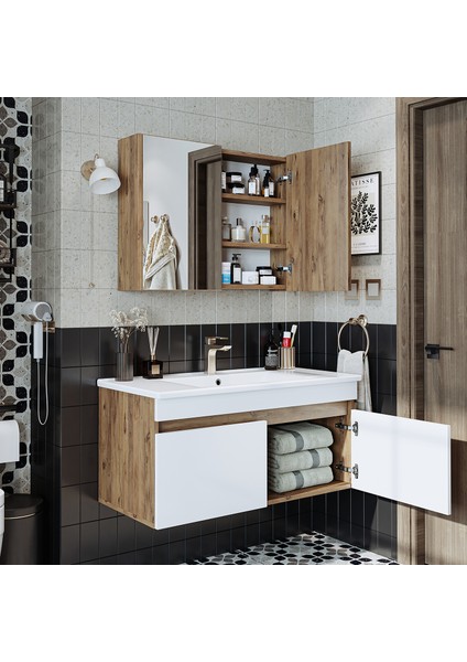 '' Lavabolu '' Atlantik-Beyaz Mat Mdf 100 cm Banyo Alt Dolap + Aynalı Üst Dolap indirimleri