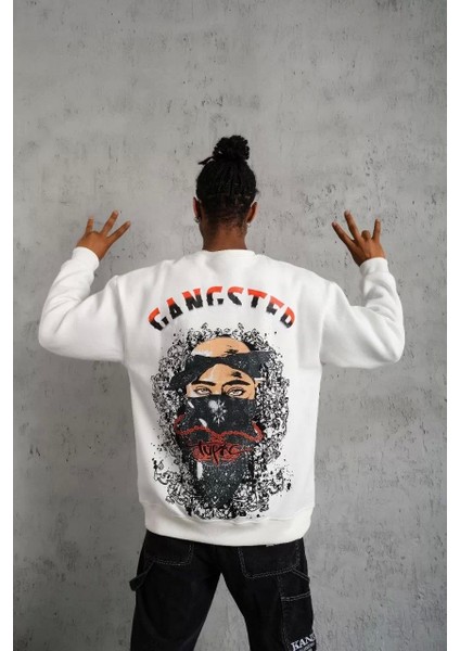 Erkek 3 Iplik Gangster Baskılı Sweatshirt - Beyaz