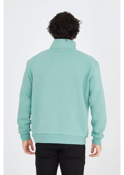 Erkek Yarım Fermuarlı Baskılı Sweat - Mint Yeşili