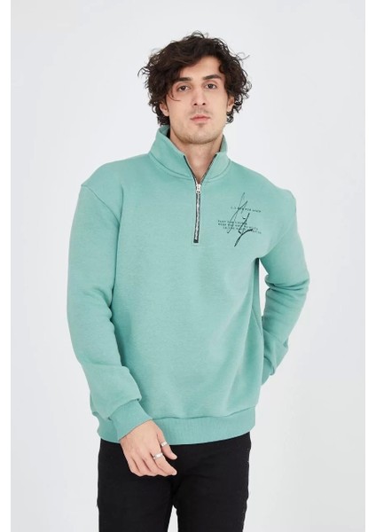 Erkek Yarım Fermuarlı Baskılı Sweat - Mint Yeşili