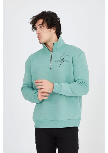 Erkek Yarım Fermuarlı Baskılı Sweat - Mint Yeşili