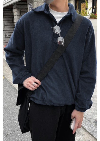 Erkek Oversize Ayarlanabilir Bel Lastikli Gömlek Yaka Polar Sweatshirt
