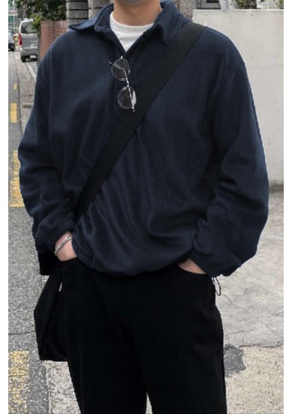Erkek Oversize Ayarlanabilir Bel Lastikli Gömlek Yaka Polar Sweatshirt modelleri