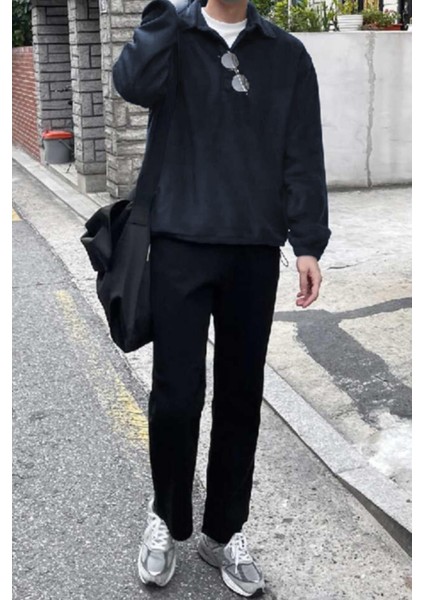 Erkek Oversize Ayarlanabilir Bel Lastikli Gömlek Yaka Polar Sweatshirt fırsatları