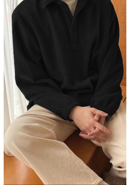 Erkek Oversize Ayarlanabilir Bel Lastikli Gömlek Yaka Polar Sweatshirt modelleri