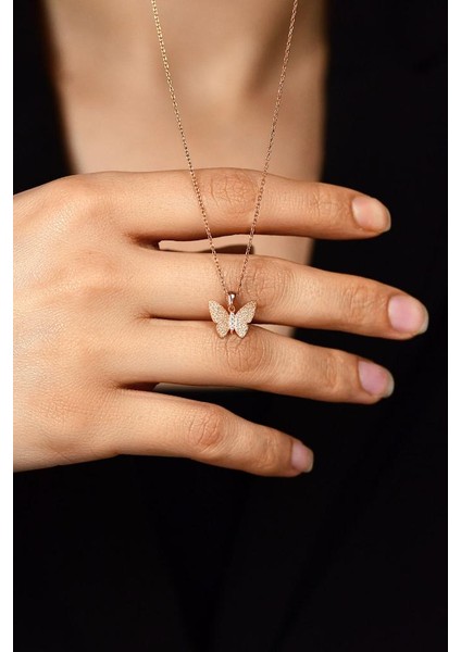 Zirkon Taşlı Rose Kabartmalı Kelebek Gümüş Kolye fiyatları