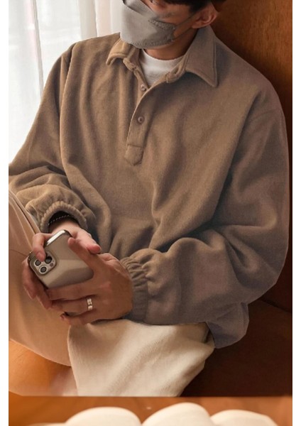 Erkek Oversize Ayarlanabilir Bel Lastikli Gömlek Yaka Polar Sweatshirt