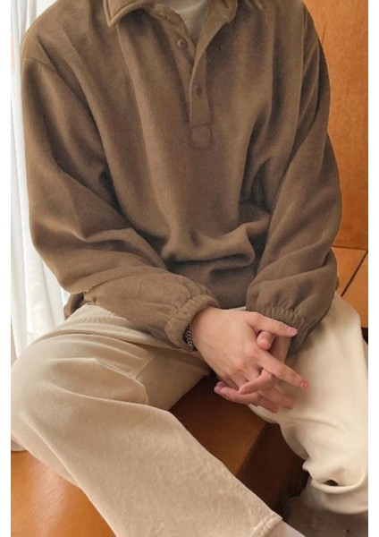 Erkek Oversize Ayarlanabilir Bel Lastikli Gömlek Yaka Polar Sweatshirt