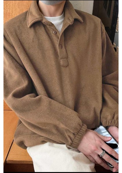 Erkek Oversize Ayarlanabilir Bel Lastikli Gömlek Yaka Polar Sweatshirt