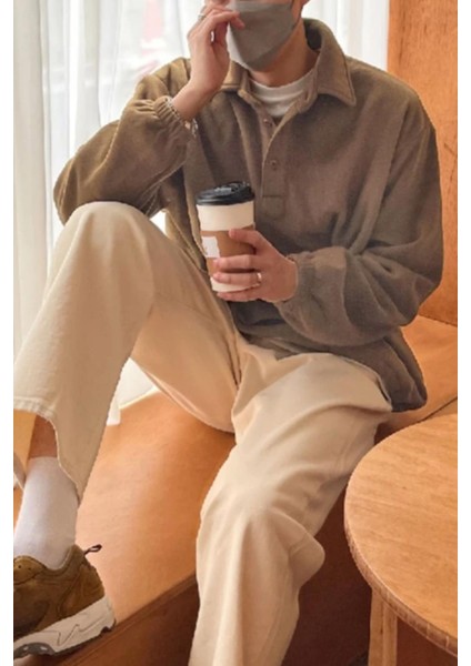 Erkek Oversize Ayarlanabilir Bel Lastikli Gömlek Yaka Polar Sweatshirt