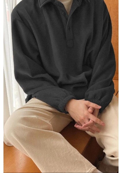 Erkek Oversize Ayarlanabilir Bel Lastikli Gömlek Yaka Polar Sweatshirt
