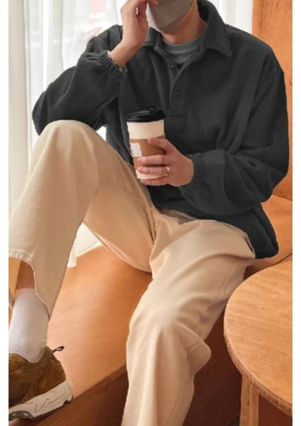 Erkek Oversize Ayarlanabilir Bel Lastikli Gömlek Yaka Polar Sweatshirt