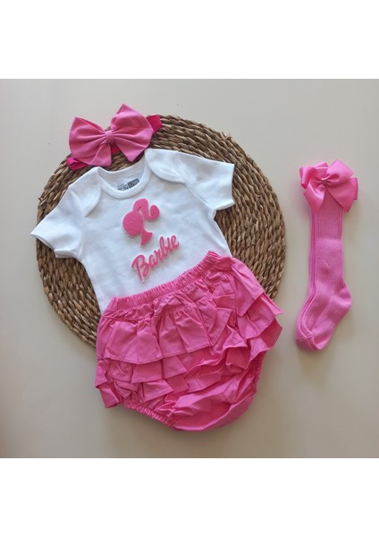 Kız Bebek Pembe Fuşya Barbie Figür Fırfırşort Etek Bandana Fiyonk Çorap Takım