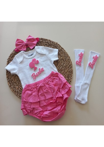 Kız Bebek Pembe Fuşya Barbie Fırfırşort Etek Bandana Çorap Takım