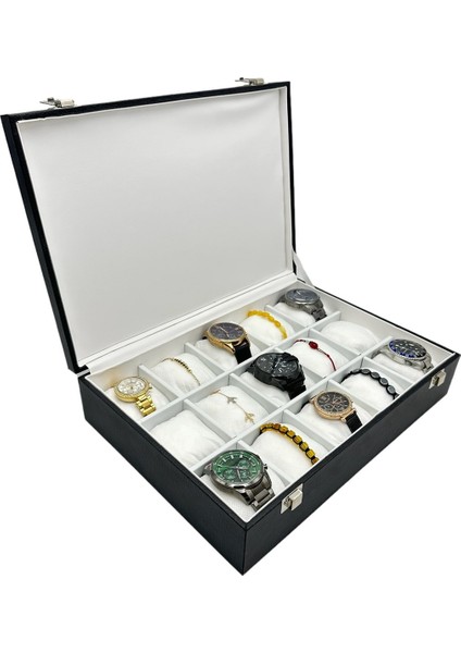 Saat Kutusu 15 Li Camsız Deri Siyah