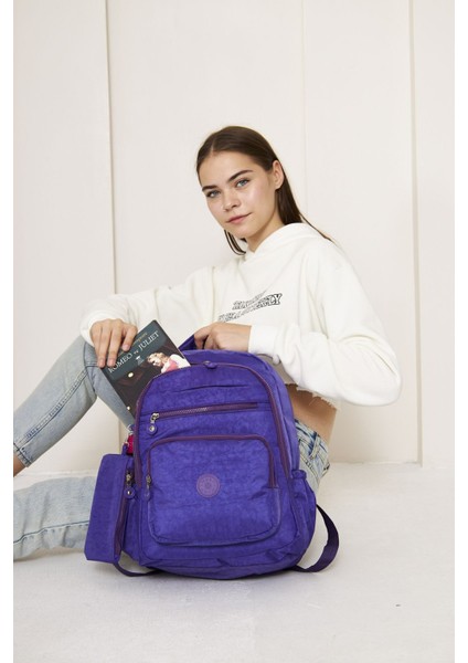 Orijinal Suya Dayanıklı Krinkıl Kumaş Büyük Boy 2'li Suluk Bölmeli Okul Çantası ( Günlük, Kolej)