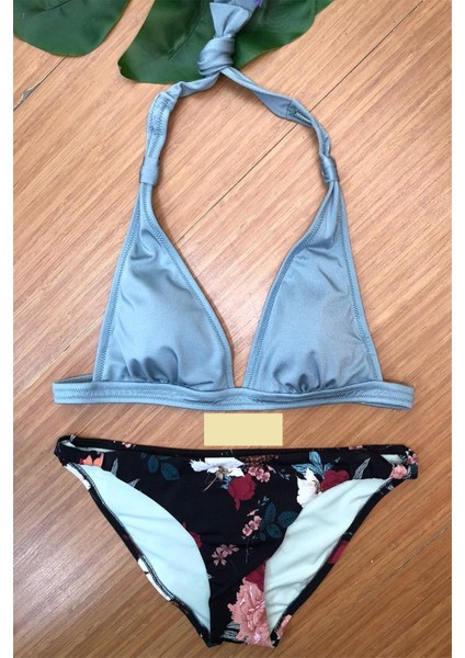 Uzun Üçgen Bikini Takım Nil Yeşil-Çiçek Desenli 227243