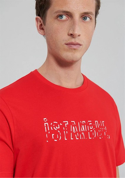 M067115-70471 Kırmızı Erkek Regular Istanbul Baskılı T-Shirt modelleri