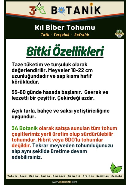 3A Botanik Tatlı Kıl Biber Tohumu, Yerli ve Sürdürülebilir Tohum, 5 Gram Biber Tohumu