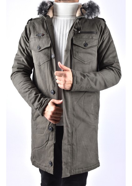 225 Onz Içi Kürklü Kapşonlu Mont/açık Haki/m