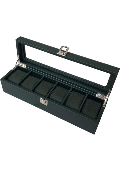 Deri Lüx 6 Lı Saat Çantası,kutusu Kilitli (Camlı) (Yeşil)