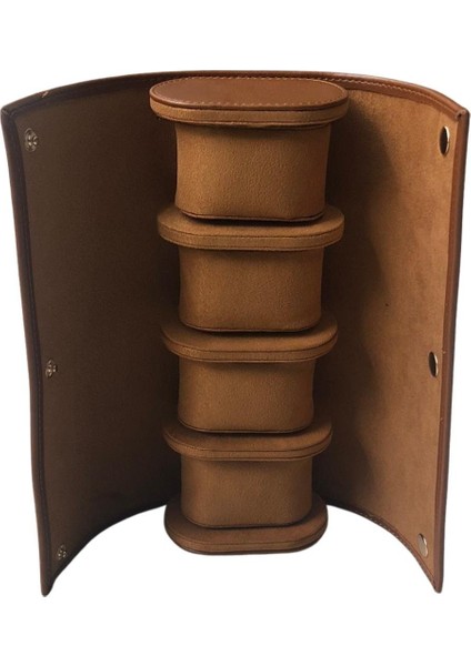 Deri Dörtlü Saat Kutusu Çıtçıtlı (Taba)