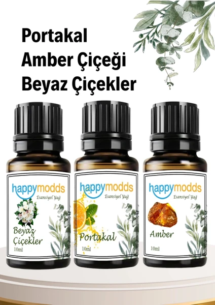 Aromaterapi Uçucu Yağ 10 ml 3'lü Set Portakal, Amber Çiçeği, Beyaz Çiçekler