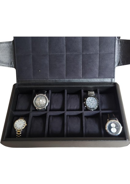 Deri 12 Li Saat Çantası Yandan Çıtçıtlı (Siyah) modelleri
