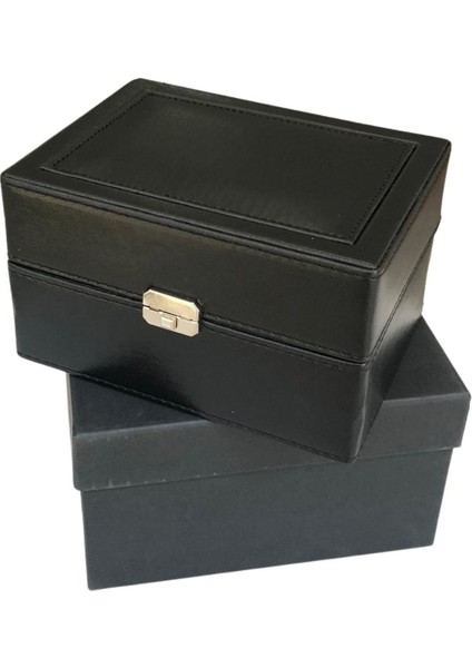 Tekli Basmalı Kilitli Lüx Deri Saat Kutusu (Dış Kutulu) (Siyah)