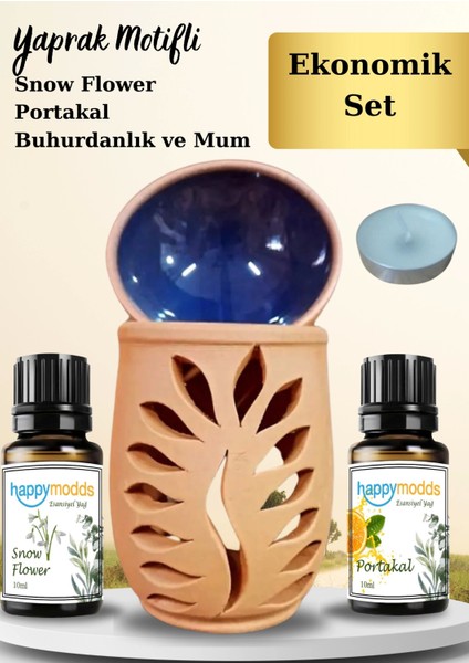 Yaprak Motifli Buhurdanlık, Mum ve Snow Flower,portakal,kokulu Esansiyel Uçucu Yağ ve 10 ml