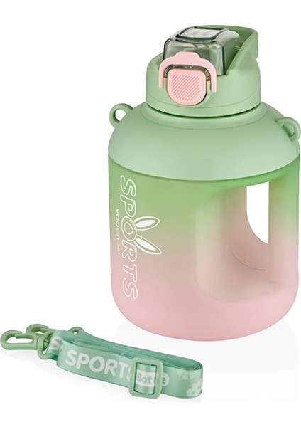 1100 ml Çift Renk Pipetli Taşıma Askılı ve Kulplu Motivasyon Su Matarası Sticker Hediyeli VGN2302-YEŞİL