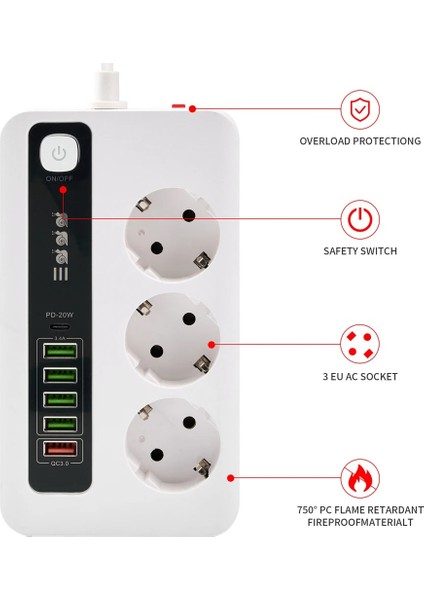 3 LÜ Akıllı Priz Akım Korumalı,5 USB ve 1 Type-C Pd 20W Bağlantılı 2 Metre Kablolu Beyaz