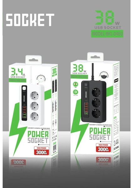3 LÜ Akıllı Priz Akım Korumalı,5 USB ve 1 Type-C Pd 20W Bağlantılı 2 Metre Kablolu Beyaz