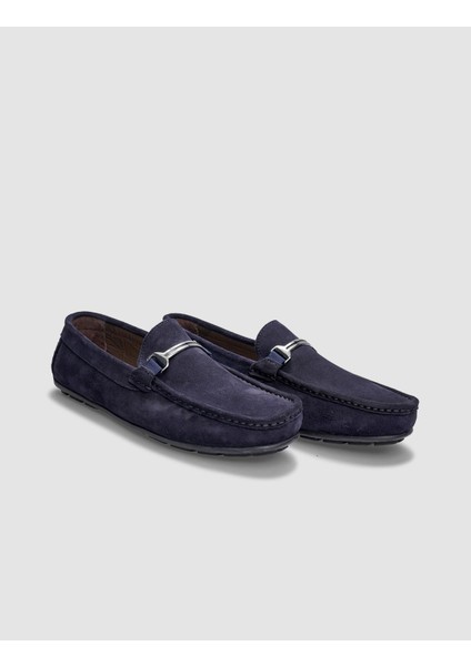 Hakiki Deri Lacivert Süet Tokalı Erkek Loafer