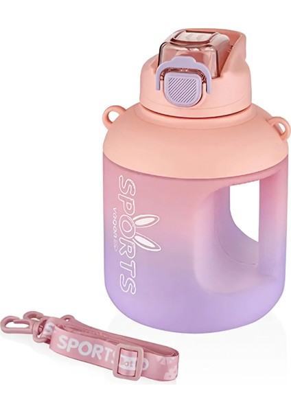1100 ml Çift Renk Pipetli Taşıma Askılı ve Kulplu Motivasyon Su Matarası Sticker Hediyeli VGN2302-PEMBE
