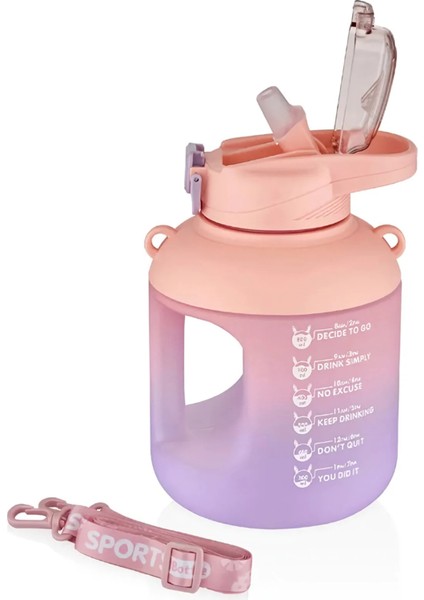 1100 ml Çift Renk Pipetli Taşıma Askılı ve Kulplu Motivasyon Su Matarası Sticker Hediyeli VGN2302-PEMBE
