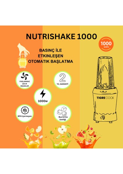 Nutrıshake 3 In 1 Paslanmaz Çelik Bıçaklı Kişisel Smoothie Blender ve Kahve Baharat Öğütücü 1000W