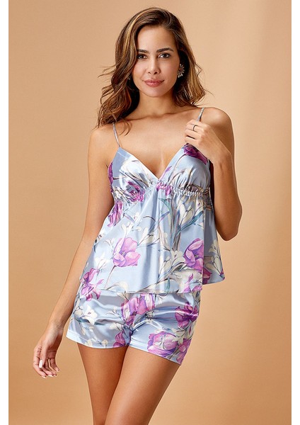 5552 Kadın Saten Ip Askılı Şortlu Pijama Takım-Mor