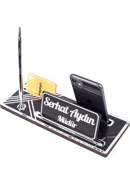 Leona Mermer Gümüş Ahşap Masa Isimliği Kalemli Telefonluklu Kartvizitlik Isimlik Masa Organizer