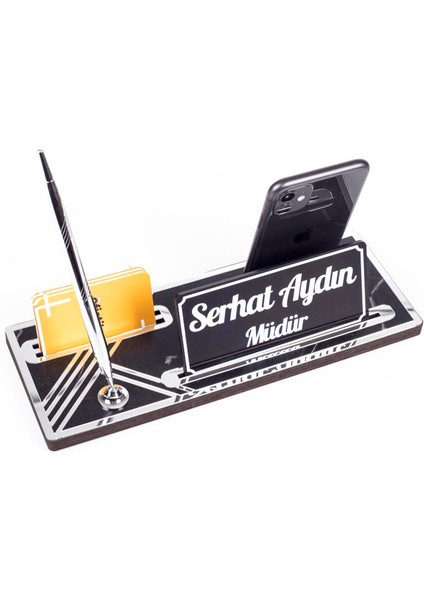 Leona Mermer Gümüş Ahşap Masa Isimliği Kalemli Telefonluklu Kartvizitlik Isimlik Masa Organizer