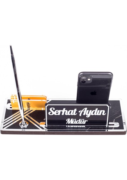 Leona Mermer Gümüş Ahşap Masa Isimliği Kalemli Telefonluklu Kartvizitlik Isimlik Masa Organizer