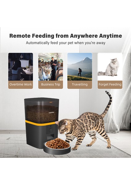 QQ005 Kameralı Akıllı Kedi Köpek Otomatik Mama Kabı , Wifi Uzaktan Kontrol, Sesle Çağırma, 480P Kamera, 6lt Hazne, Metal Kase, Siyah