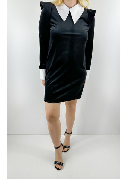 Yaka Ve Manşet Detaylı Siyah Kadife Elbise fiyatları