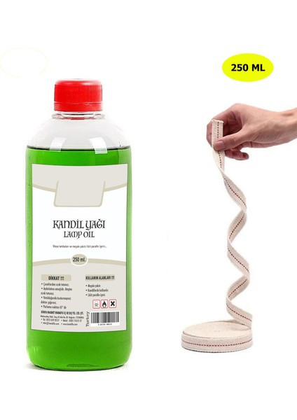 , Yeşil Kandil Yağı, 250 ml, Kokusuz Dumansız Iç Mekan Gaz Lambası Yağı + 50 cm Fitil