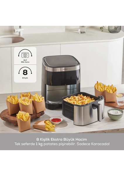 Yeni Seri Xxxl 9l Aile Boyu Geniş Hacimli 10 Farklı Pişirme Fonksiyonlu Dijital Hayalet Ekranlı Premium Airfryer