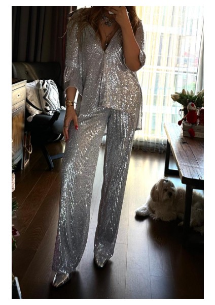 Payetli Bol Paça Pantolon Açık Gri