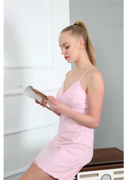 Kadın Ip Askılı Pembe Penye Gecelik 367